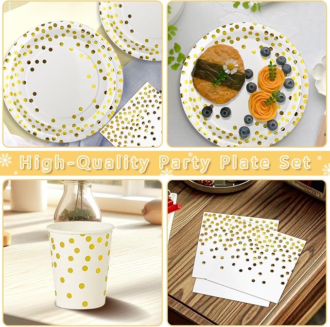 Nkaiso 193 Pcs White Gold Paper Plates and Napkins Party Supplies Sets Include White Party Plate Cup Napkin Plastic Cutlery for Baby Shower, Wedding, Birthday Decoration -24 Guest