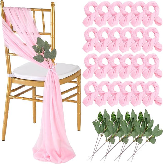 QueenDream Pink Chair Sashes Wedding Aisle Decorations: 24 Packs 8ft Long Draping Fabric Sheer Church Chair Cover Bulk for Party Banquet