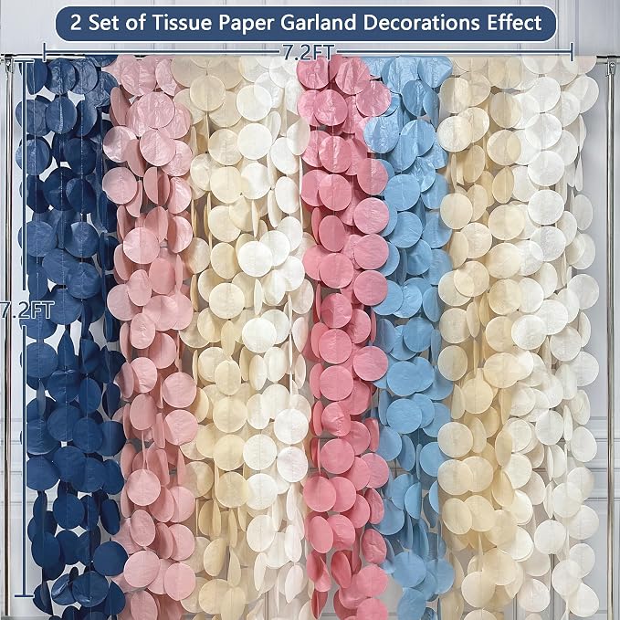 205 Ft Dusty Rose Pink Blue Khaki Beige Circle Dot Backdrop Garland Tissue Paper Polka Dots Hanging Streamer for Gender Reveal He or She Boy or Girl Baby Shower Birthday Wedding Party Decorations
