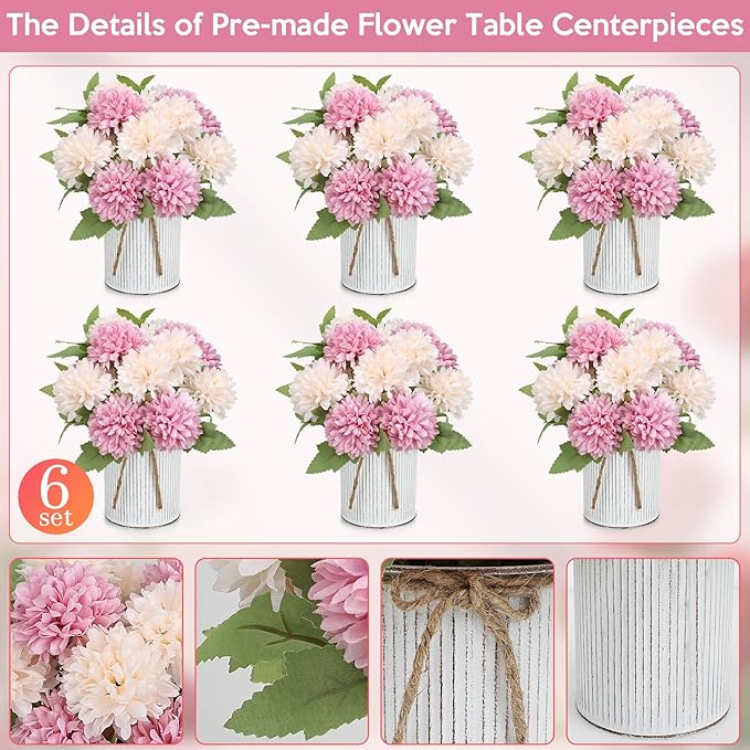Pre-Made Flower Table Centerpieces, Set of 6 Artificial Silk Chrysanthemum with Farmhouse Metal Vases for Wedding, Birthday Parties, Home, Dining Table Decorations - Dusty Pink & Champagne