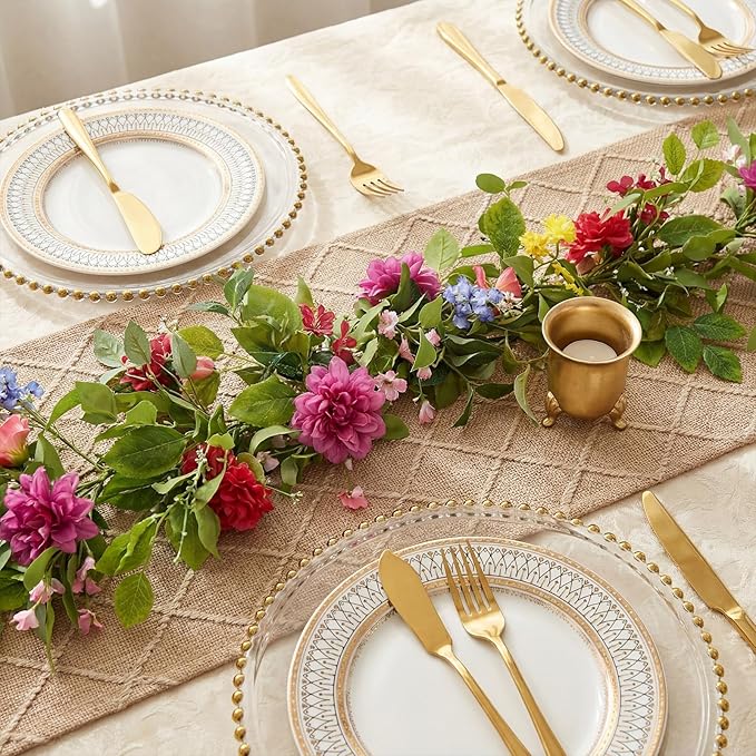 Giegxin 1 Pack 6 ft Artificial Flower Garland Flower with Dahlia and Wildflower Pink Purple Fake Wisteria Vines Summer Greenery Eucalyptus Garland for Wedding Mantle Porch Stair Table Indoor Decor