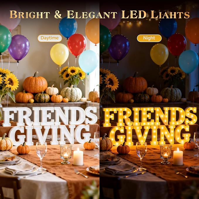 Friends Giving Party Decorations, Light up Letters Sign with 40 Round Pearlescent Balloons, Thanksgiving Led Marquee Lights Table Decoration for Friends Themed Party Fall Birthday Galentines Decor