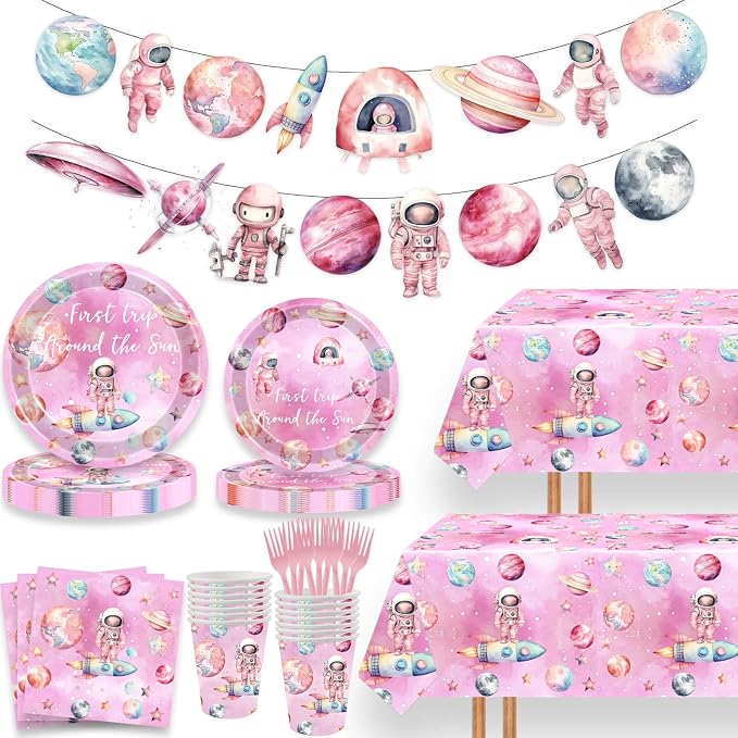 198 Pcs First Trip Around The Sun Birthday Decorations Pink Outer Space One Year Old Tableware Includes Backdrop, Banner, Cake Cupcake Topper, Plates, Cups, Tablecloth for Space Theme 1st Birthday