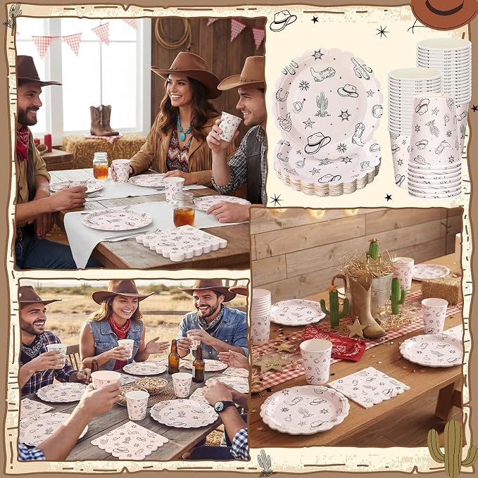 Domensi 250 Pcs Western Cowboy Party Decorations Cowboy Paper Plates Napkins and Cups Serve 50 Wild West Disposable Tableware Set for Rodeo Birthday Baby Shower Party Supplies Decoration