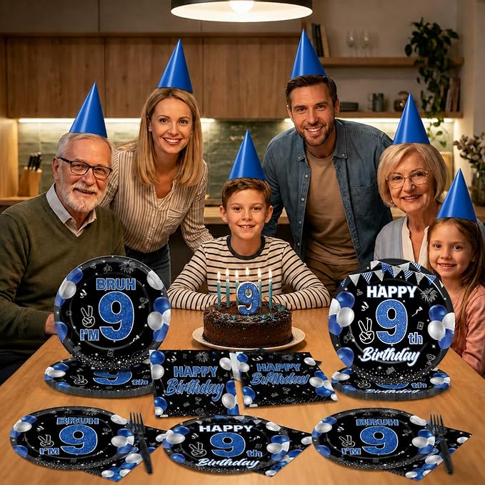 96PCS 9th Birthday Party Supplies Blue and Black 9th Birthday Plates and Napkins Black Blue Bruh I’m 9 Tableware Dinnerware Video Game Theme Decorations for Boys Party Favors Serves 24