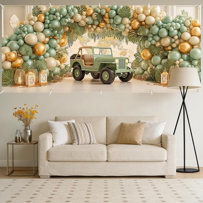 Happy Birthday Garage Door Banner Cover 7x16FT Waterproof –Jeep & World Map Backdrop with Green Gold Balloons,Indoor Outdoor Decor for Baby Shower,1st Birthday,Travel Themed Party & Photo Booth