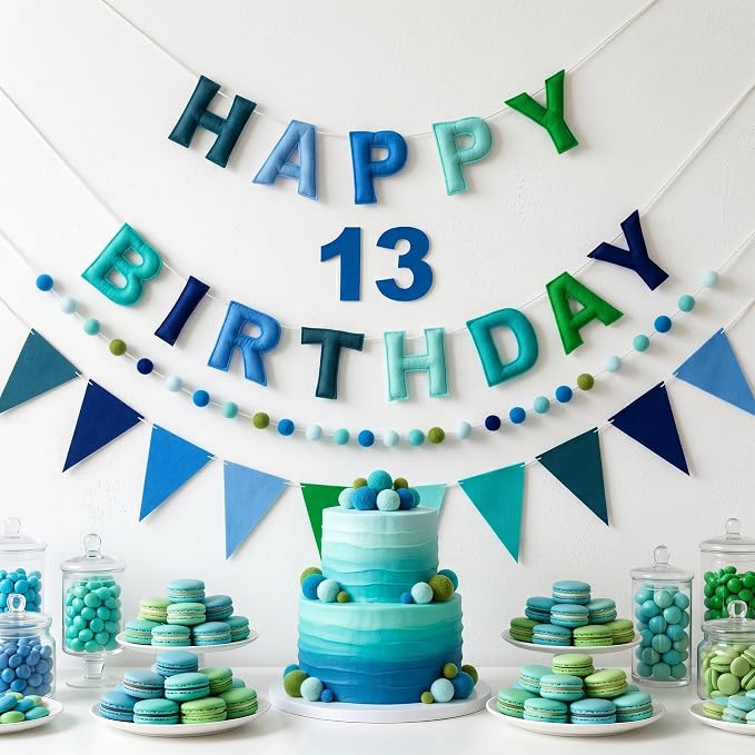Pre-Strung Felt Happy Birthday Banner Decorations for Women Men | 3D Blue Birthday Party Decorations Sign with Replaceable Numbers 0-9,Multicolor Felt Ball & Triangle Flags Garland (Blue)