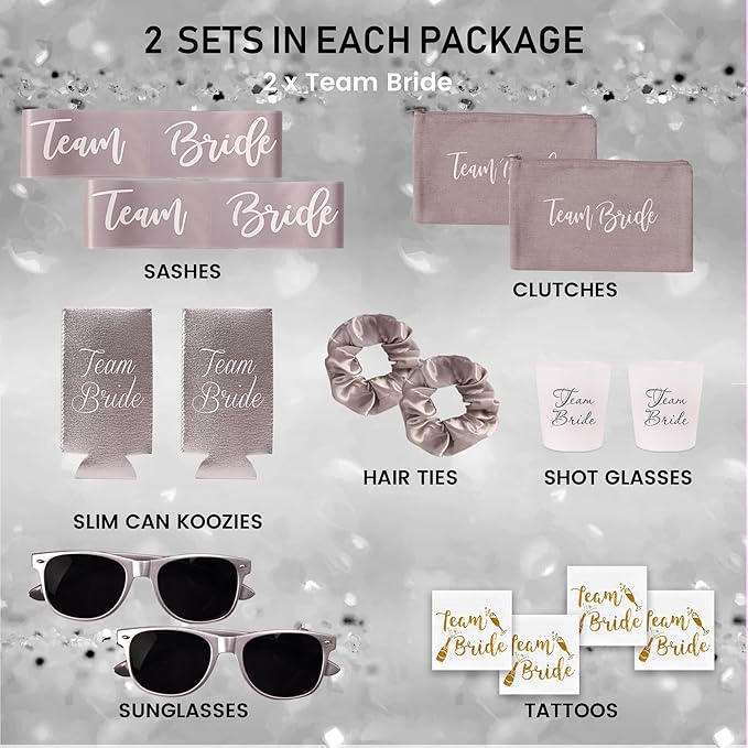 16 Piece Team Bride Bachelorette Party Favors Kit – Bridesmaid Proposal Gifts & Bachelorette Accessories | Decorations, Makeup Bags, Sashes, Sunglasses, Cups & More (Silver 2 Pack, 16)