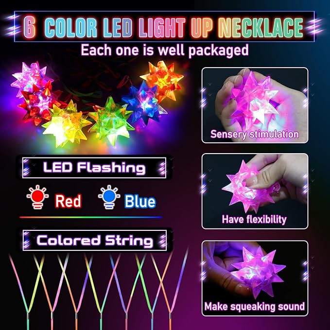 HONLYNE 48PCS Flashing Crystal Star Necklaces, Glow Necklaces Bulk Light up Party Favors, LED Glow in The Dark Party Favors for Kids Adults Birthday Glow Party Rave Halloween Goodie Bags Filler