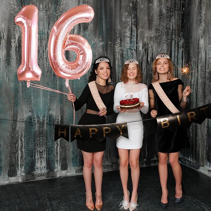 Sweet 16 Birthday Party Decorations for Girls, Sweet 16 Sash and Tiara, Cake Topper and Candles, Number Balloons, 16th Birthday Gifts for Girls