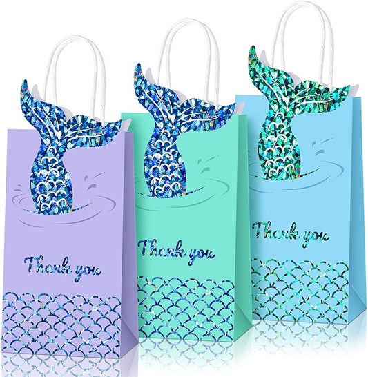 Sabary 36 Pcs Mermaid Party Favors Bags Summer Mermaid Themed Goodie Treat Candy Gift Paper Bags with Handles for Girls Kids Birthday Baby Shower Under The Sea Ocean Decorations, 3 Colors