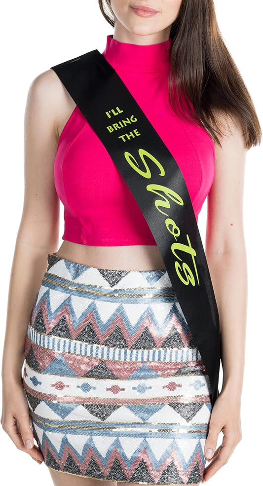 Funky Junque Bridal Sash Bachelorette Party Bridal Shower Gift - I'll Bring The - Shots (Black/Neon Lime)