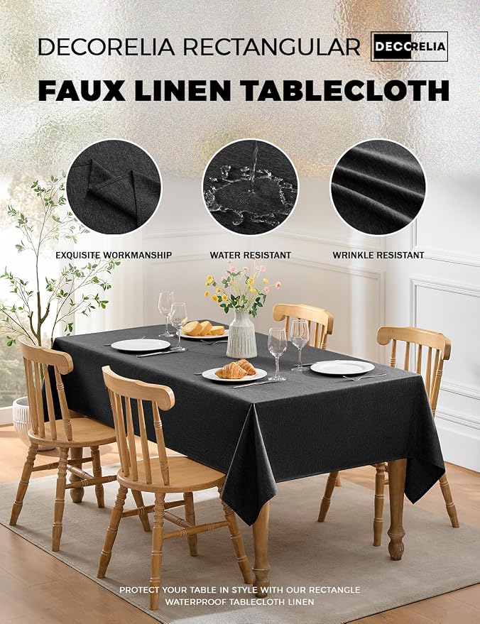 Decorelia Waterproof Farmhouse Table Cloth for 4 Ft Rectangle Table, Anti-Scratches Small Outdoor Dining Table Cloth for Party, Camping, Banquet and Wedding (Oblong, 52 x 70 Inch (4-6 Seats), Black)