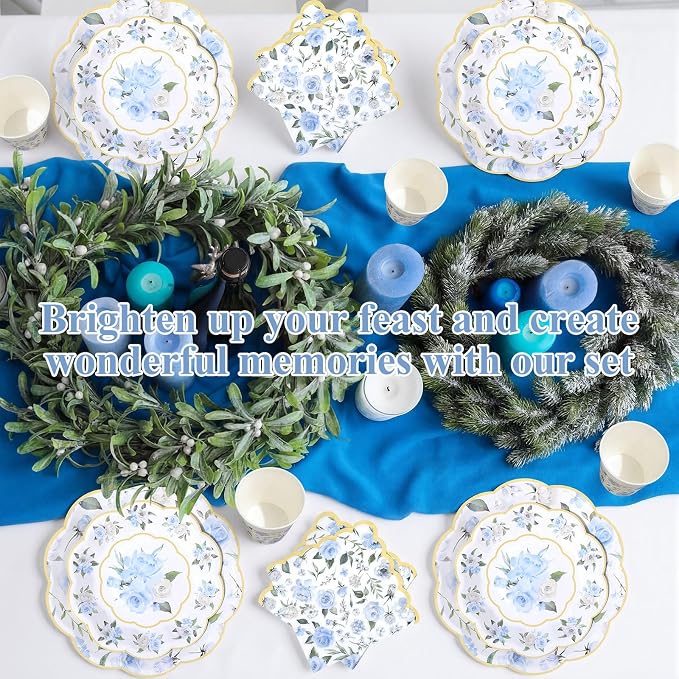 Funnymoom 250 Pcs Floral Party Decorations Flower Paper Plates Napkins and Cups Blue and Gold Floral Disposable Tableware Set for Bridal Shower Baby Shower Wedding Spring Tea Party Supplies, Serves 50