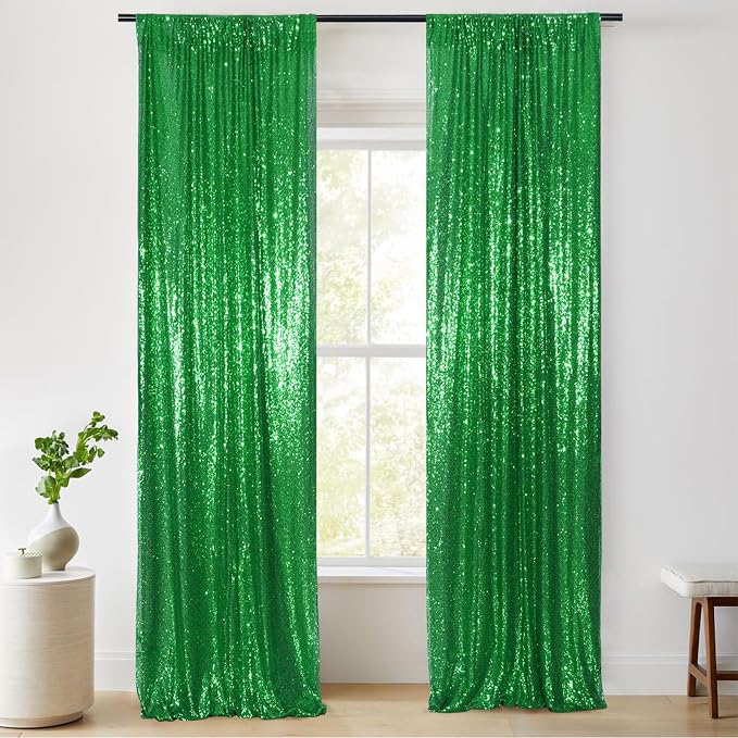 PartyDelight Green Sequin Backdrop Curtains 2x8ft 2 Panels | 3mm stitched sequin curtain with 4 inch rod pocket for 2x8ft 2 panel doorway window side drape narrow photo booth strip