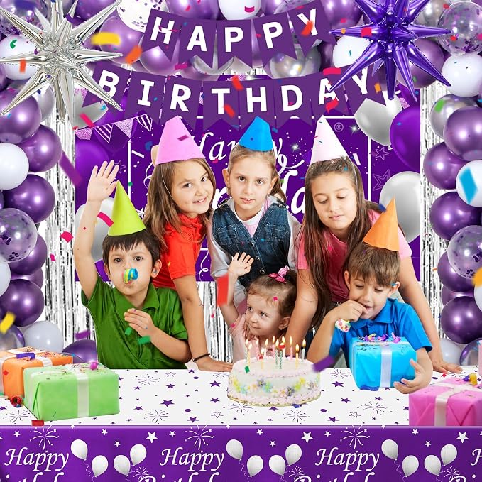 Purple Birthday Decorations for Women Girls, Lavender Purple Silver Party Decorations Kit with Happy Birthday Banner Backdrop Tablecloth Fringe Curtain Balloon Arch