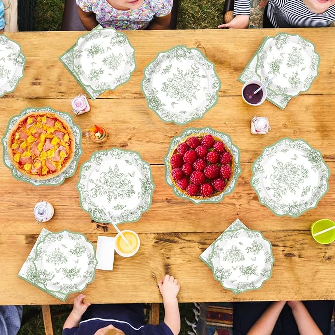200Pcs Sage Green Party Decoration Green White Scalloped Plates and Napkins Vintage Floral Chinoiserie Disposable Tableware Set for Wedding Baby Shower Birthday Party Supplies Serves 50