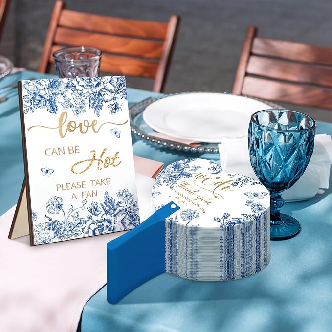 Roowest Wedding Favors for Guests Bulk 100 Pcs Chinoiserie Japanese Wedding Hand Fans and 1 Table Sign Blue and White Portable Plastic Fan with Wooden Handle for Bridal Shower Party Favor Gift