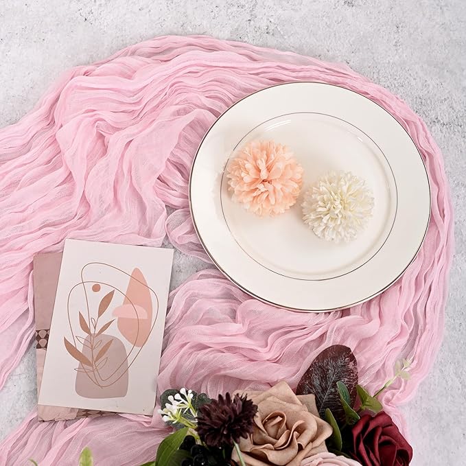 12 Pack Light Pink Cheesecloth Table Runner 120 inch Fall Thanksgiving Boho Rustic Gauze Farmhouse 10FT Cheese Cloth Runner for Baby Shower Wedding Party Holiday Home Decor