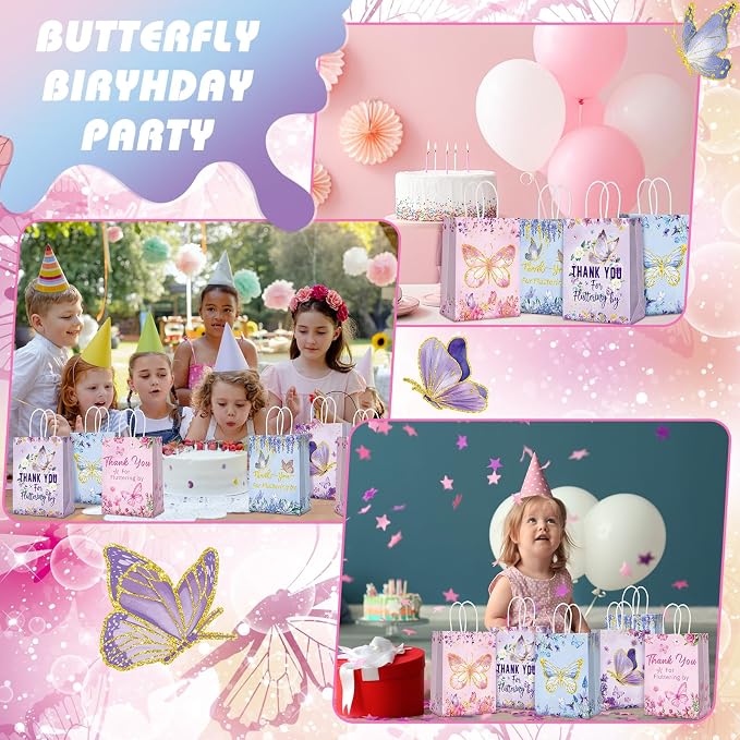 Outus 24 Pcs Summer Butterfly Party Favors Bags Butterfly Goodie Gift Paper Bags with Handles Purple Blue Pink Thank You Candy Treat Pouch for Wedding Baby Shower Birthday Party Decoration Supplies