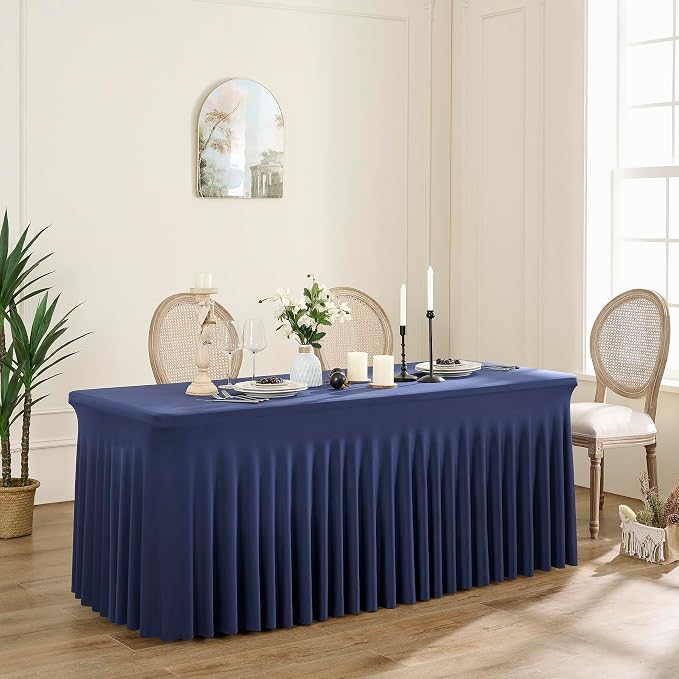 Outpain 8ft Spandex Table Cloth for Standard Folding Tables-6Pack Navy Blue Table Cloth Table Protector for Party, Wedding, Cocktail, Banquet, Festival