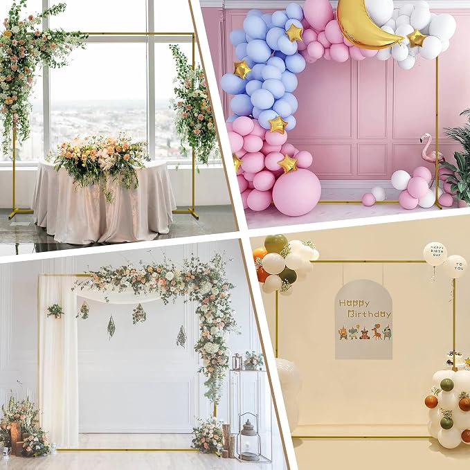Wokceer Wedding Arch Backdrop Stand Square 6.6FTx6.6FT Gold Metal Balloon Arch Stand Garden Arbor Backdrop Frame for Wedding Birthday Party Baby Shower Photo Booth Background Decoration