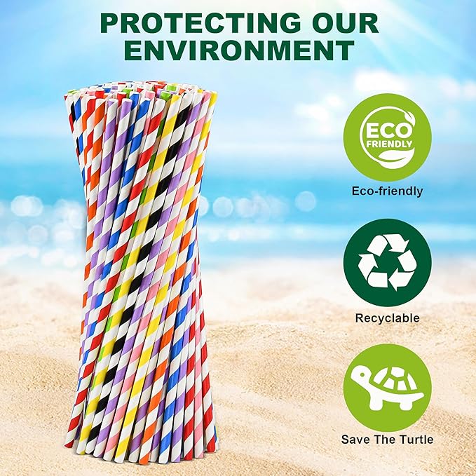 10 inch Long Disposable Paper Straws Bulk for Drinking - Unwrapped, 8 Assorted Colors [600 Counts]