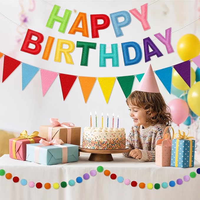 Happy Birthday Banner Set, Pre-Strung 3D Felt Birthday Banner with Pom Pom Garland and Triangle Bunting, Reusable Colorful Birthday Decorations for Party Backdrop Decor