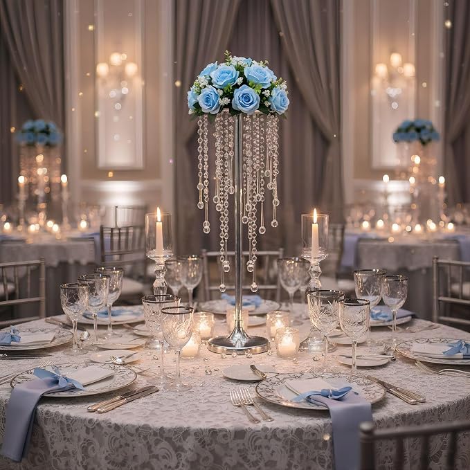 Bigsee 10 Pcs 21.65 inches Crystal Flower Stand Wedding Centerpieces for Tables, Tabletop Silver Metal Flower Arrangement Holder, Elegant Bulk Metal Vases for Reception Party Ceremony Decoration