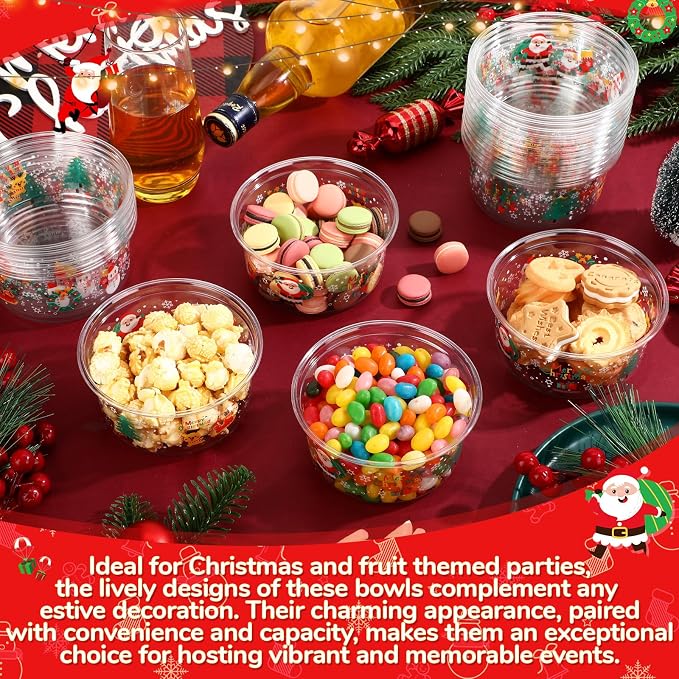 SiliFine 100 Pcs Christmas Plastic Bowls Bulk 12 oz Disposable Xmas Snack Bowls Clear Santa Cups for Christmas Party Serving, Salads, Fruit, Desserts, Parfaits, Snacks, Special Events