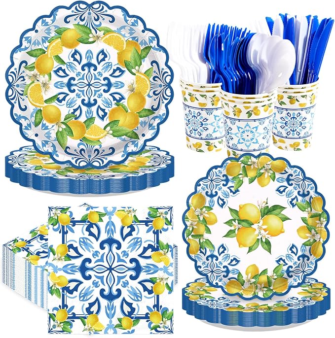 168Pcs Capri Lemon Party Decoration Blue Tiles Plates Napkins Cups Forks Knives Spoons Scalloped Blue Yellow Lemon Disposable Tableware Set for Wedding Bridal Shower Party Supplies Serves 24