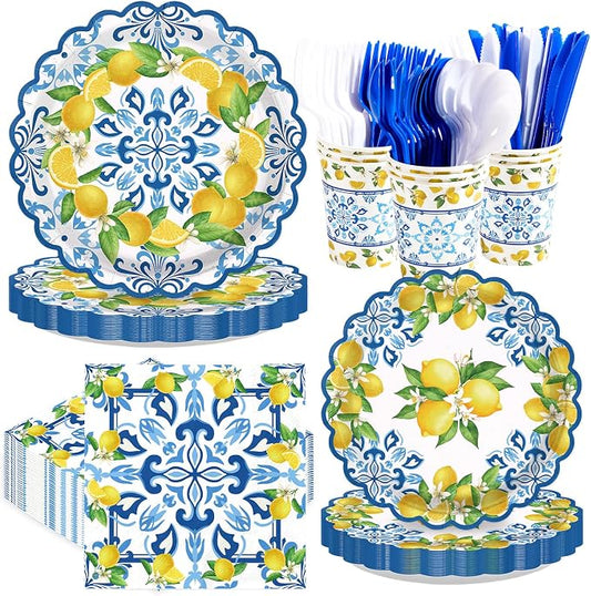 168Pcs Capri Lemon Party Decoration Blue Tiles Plates Napkins Cups Forks Knives Spoons Scalloped Blue Yellow Lemon Disposable Tableware Set for Wedding Bridal Shower Party Supplies Serves 24
