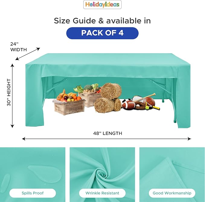 HolidayIdeas 4-Pack 4ft Open Back Fitted Tablecloths for Craft Shows Aqua | 3-Sided coverage wrinkle resistant tablecloths for vendor booths,banquet events,outdoor pop-up shop