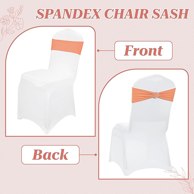 VDS - Peach | Spandex Chair Sashes Bows | 200 PCS | Stretch Elastic Banquet Universal Folding Chair Band Tie with Silver Buckle Slider for Wedding Party Conference Celebration Event Decoration