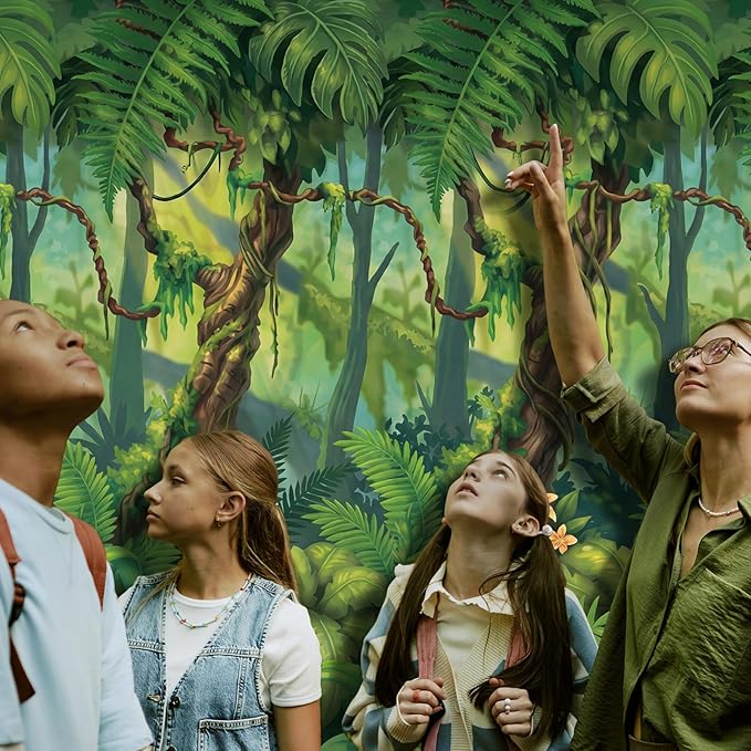 Oudain 54 Inch x 100 ft Rainforest Jungle Trees VBS 2026 Photo Wall Backdrop Tablecloth Roll with Cutter Box, Plastic Tablecloth for Rainforest Greenery Background Tropical Jungle Party Decor