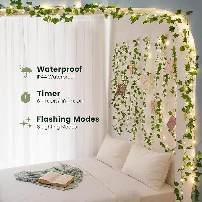 HEYFUNi 23ft Pre-Wrapped Ivy Vine Lights with 73 LEDs, USB or Battery Operated Artificial Greenery Garland for Bedroom Aesthetic, Dorm Room, Wedding Backdrop, Boho Wall Decor, Warm White