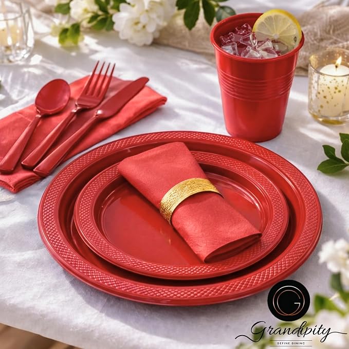 350 Piece RED Disposable Dinnerware Set 50 Guests, Plastic Party Plates And Cups And Napkins Sets - 50 Count 9" Dinner Plates, 7" Dessert Plates, 12oz Cups, Paper Napkins, Forks, Knives & Spoons