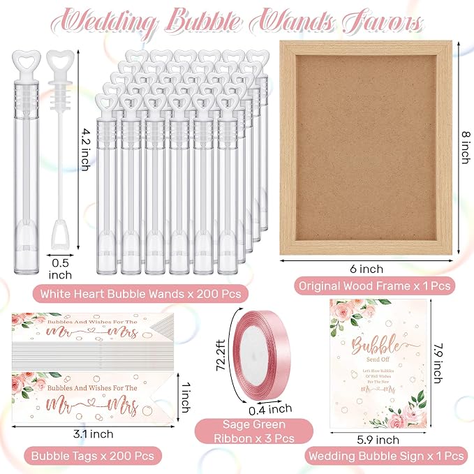 405 Pcs Wedding Send Off Bubble Ideas Set Include Heart Bubble Wands Gift Tags Cards Wood Photo Frame Ribbons Wedding Send Off Party Favors for Guests(Rose Pink)