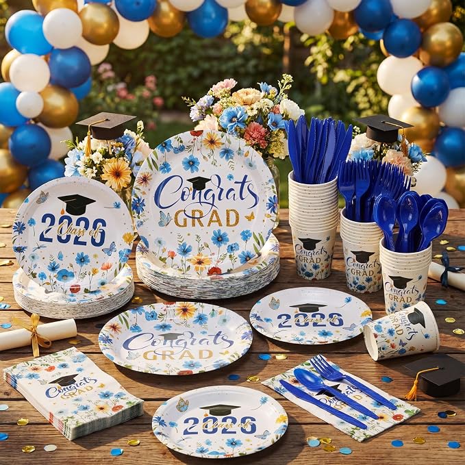 400 Pcs Class of 2026 Blue Floral Graduation Decoration for 50, Royal Navy Blue Gold Graduation Paper Plates Napkin Cup Cutlery Wildflower Grad Tableware for 2026 Congrats Grad Party Supply