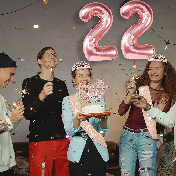 22nd Birthday Decorations for Women, Include 22nd Birthday Sash and Tiara, Cake Topper and Candles, Number Balloons, 22 Year Old Gifts for Her