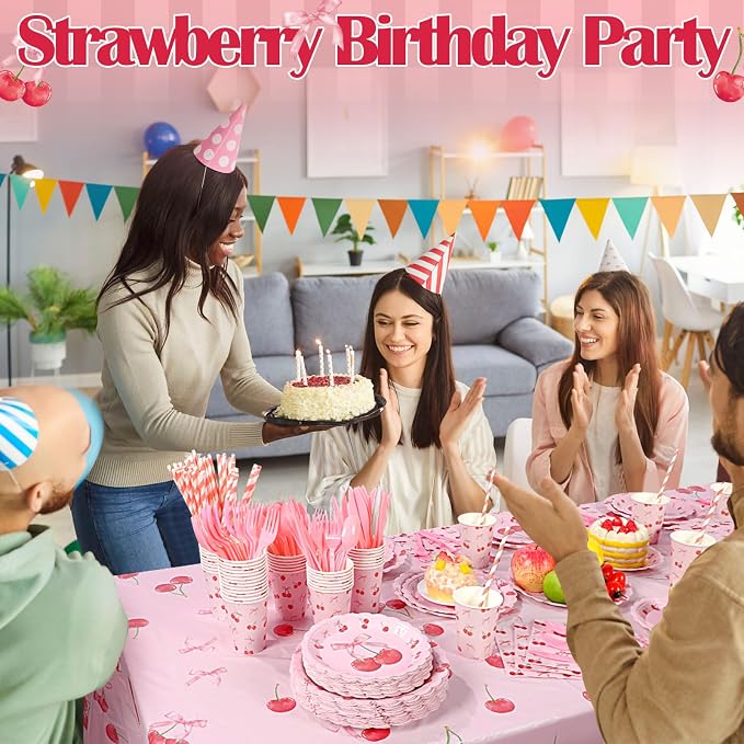 Funnymoom 452 Pcs Cherry and Bow Party Decoration Serves 50, Cherry Birthday Baby Shower Scalloped Paper Plates Napkins Cups Tablecloth Cutlery Straws for Pink Bow Birthday Baby Shower Party Supplies