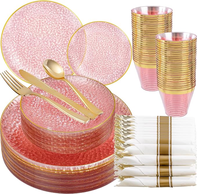 175PCS Pink Plastic Plates for 25 Guests, Disposable Plates for Party, Heavy Duty Disposable Plate Set Include: 25 Dinner Plates, 25 Dessert Plates, 25 Cups and Cutlery for Mother's Day