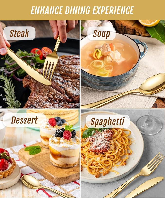 bUCLA 600 Pieces Gold Plastic Silverware - Disposable Gold Utensils - Heavy Duty Plastic Cutlery set- 200 Forks, 200 Spoons, 200 Knives for Party & Wedding