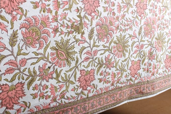 Ridhi New York Pink and Olive Green Hand Block Print Cotton Rectangle Tablecloth 160" x 72" inches Reusable Table Cover Decorative Everyday Use for Dining Room, Farmhouse, Gift Spring, Mother's Day
