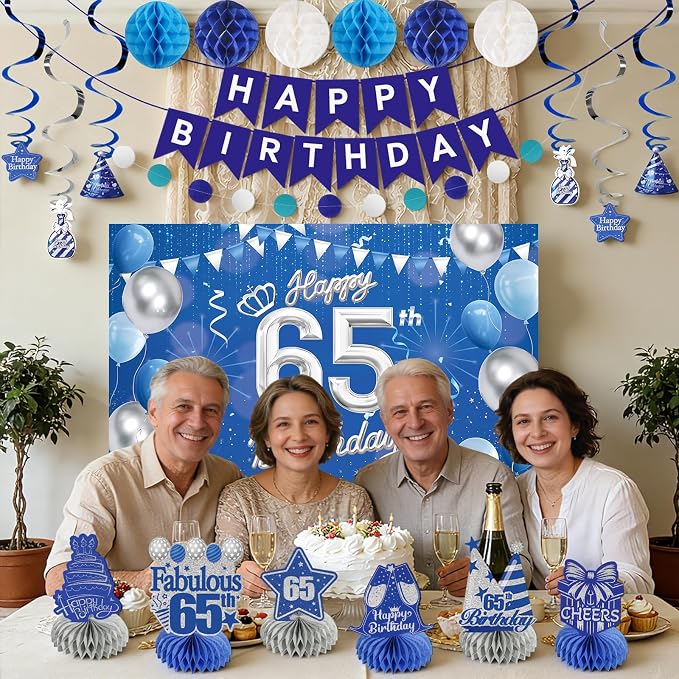 Happy 65th Birthday Party Decoration: Including Birthday Banner Backdrop, Party Table Centerpieces and Hanging Swirl Party Streamers, Birthday Decor for Men and Women (Blue, 65th Birthday)
