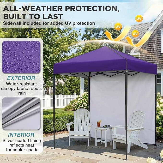 EAGLE PEAK 6x4 Instant Pop Up Canopy Tent with 1 Side Wall Panel, Straight Leg Sun Shelter, Portable Canopy with Carry Bag for Camping, Beach & Sports, Purple