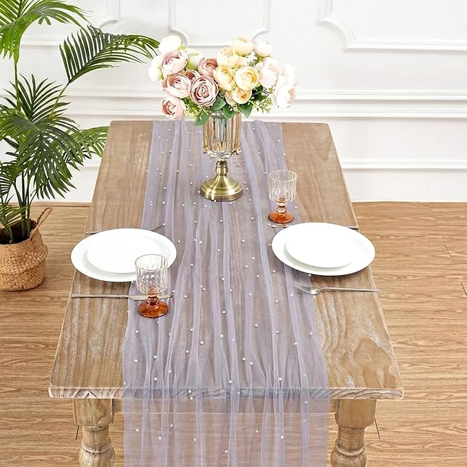 Pearl Gauze Table Runner Tulle Fabric: 10ft Seasonal Dessert Chiffon Pearl Lace Boho Overlay Wedding Veil Outdoor Wedding Aisle Runner Party Decorations Doilies, Gray