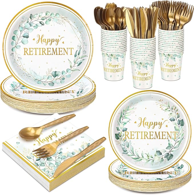 Yungyan 252 Pcs Sage Green Retirement Party Tableware Set Happy Retirement Plates Napkins Cups Forks Knives Spoons for Retired Party Decoration Favors 36 guests
