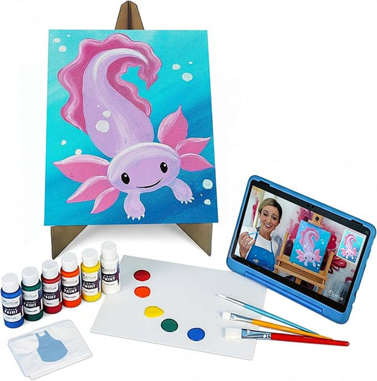 Painting to Gogh - Adorable Axolotl– Junior Artist Painting Kit – Ages 6+– 11x14 Canvas, 3 Paint Brushes, Acrylic Paint, Cardboard Easel, Palette, Apron & Step-by-Step Tutorial for Kids