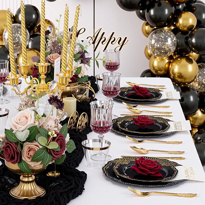 Ciaell 175 PCS Black and Gold Plastic Plates - Black Disposable Dinnerware Set with 50 Plates, 25 Knives, 25 Forks, 25 Spoons, 25 Cups, 25 Napkins for Parties and Weddings